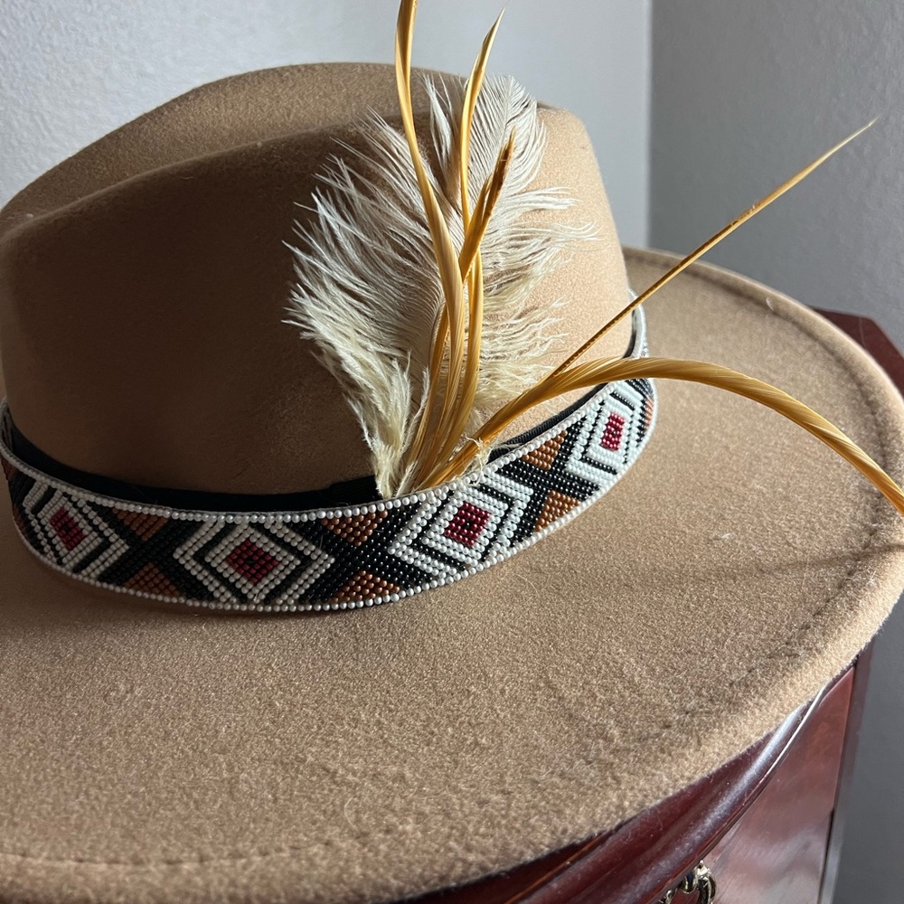 Wide brim fedora hat with 2 bands and feather